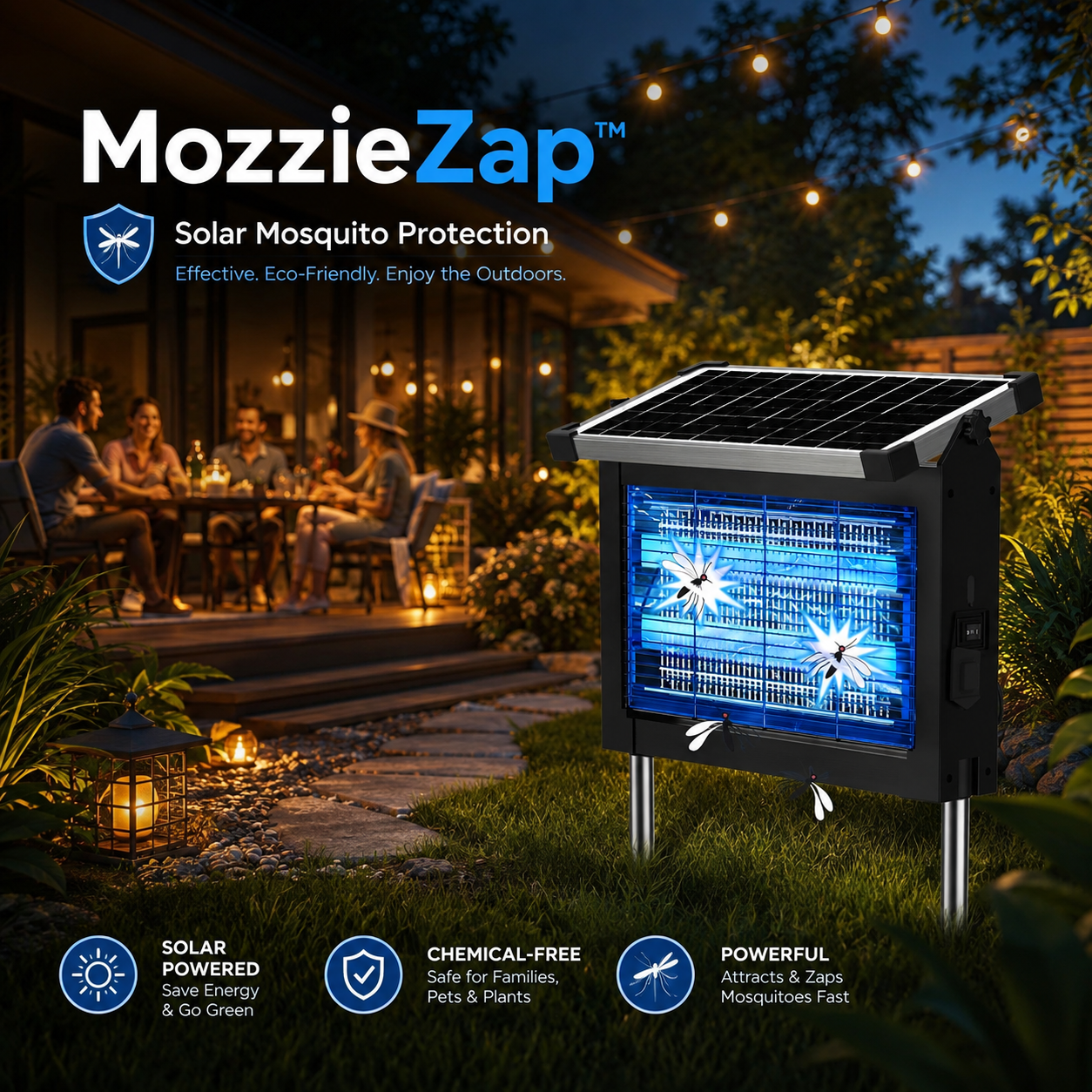 MozzieZap protecting a family dinner in the backyard at night