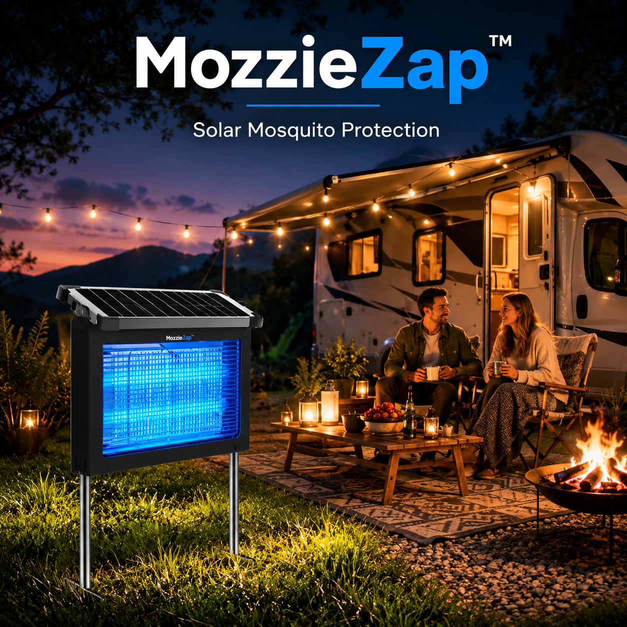 MozzieZap set up beside a caravan at a campsite