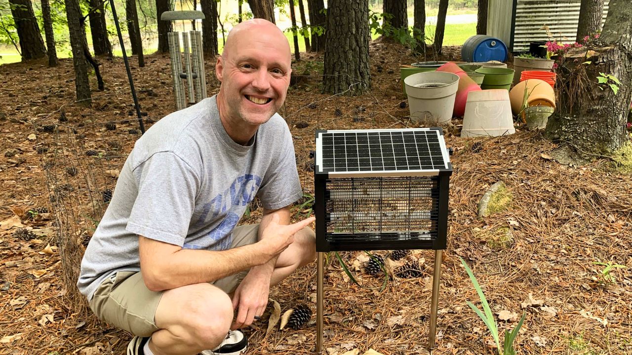 Customer photo of MozzieZap set up in a shady garden bed