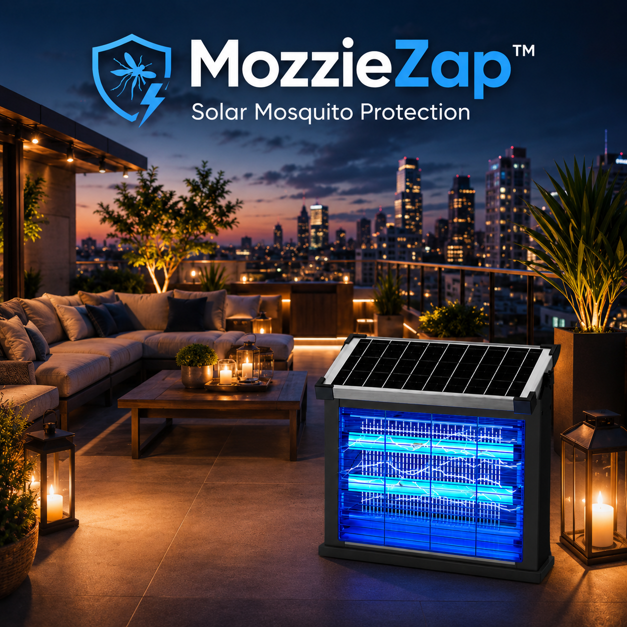 MozzieZap solar mozzie lamp glowing on a rooftop terrace at dusk