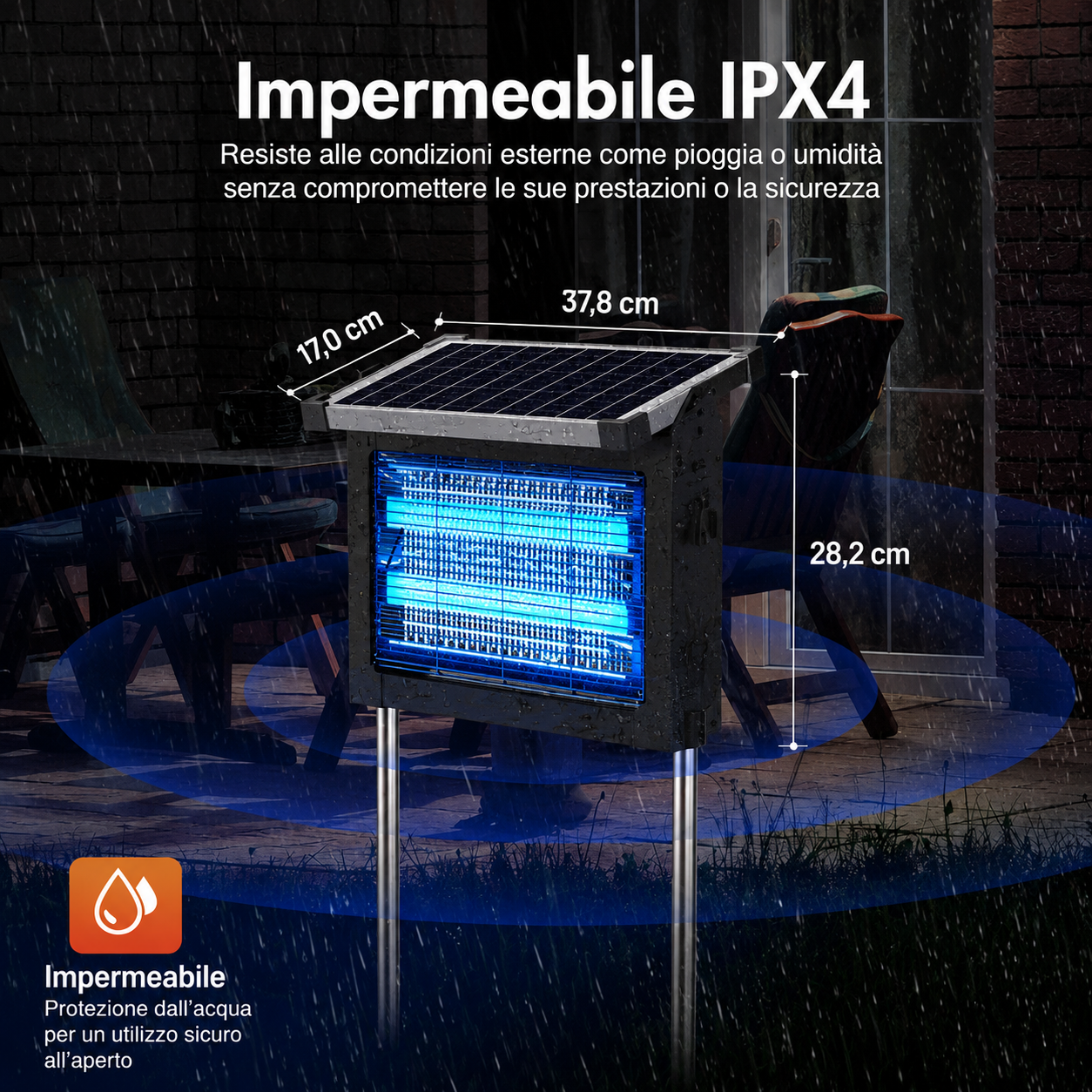 Weather-resistant MozzieZap hanging outdoors