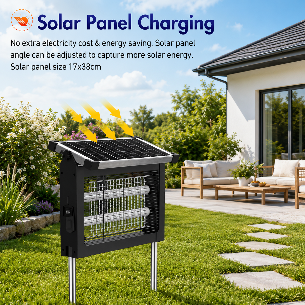 Solar panel on top of the MozzieZap lamp charging in the sun