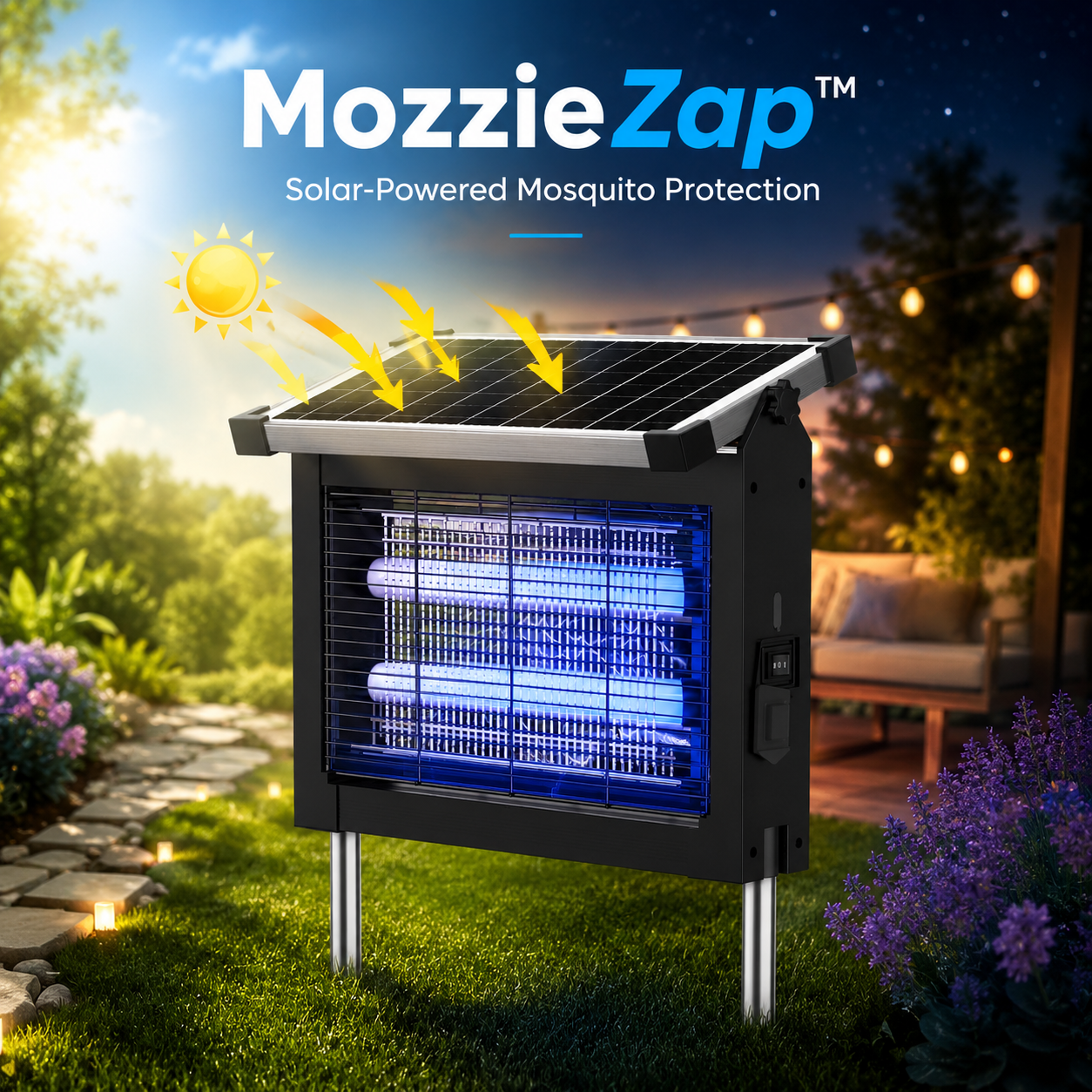 MozzieZap staked in a sunny garden with the solar panel angled to the sun